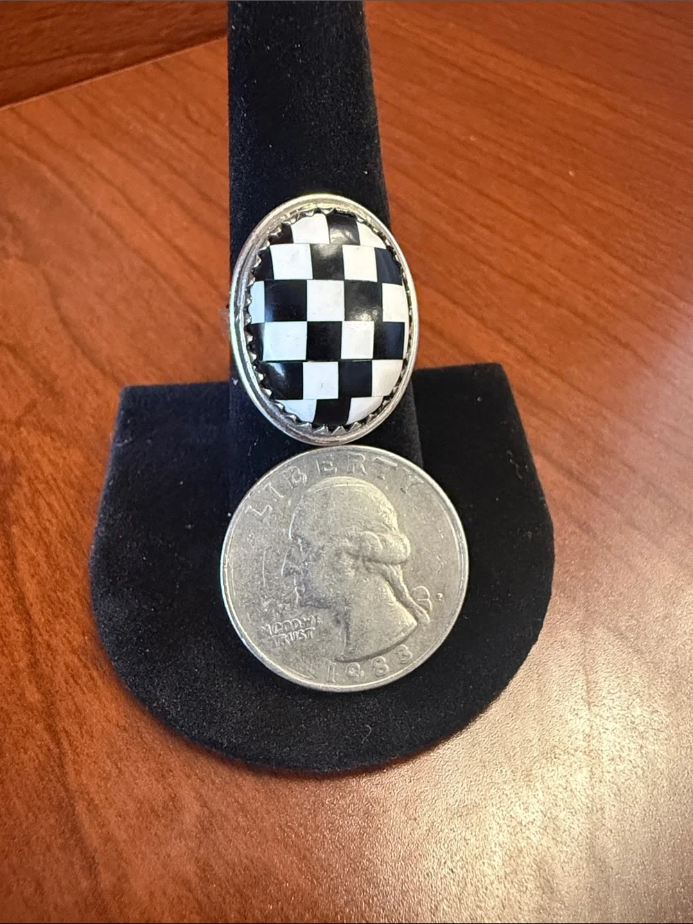 New 925 Sterling Silver Stone Inlay Black Onyx & White Checkered Oval Ring